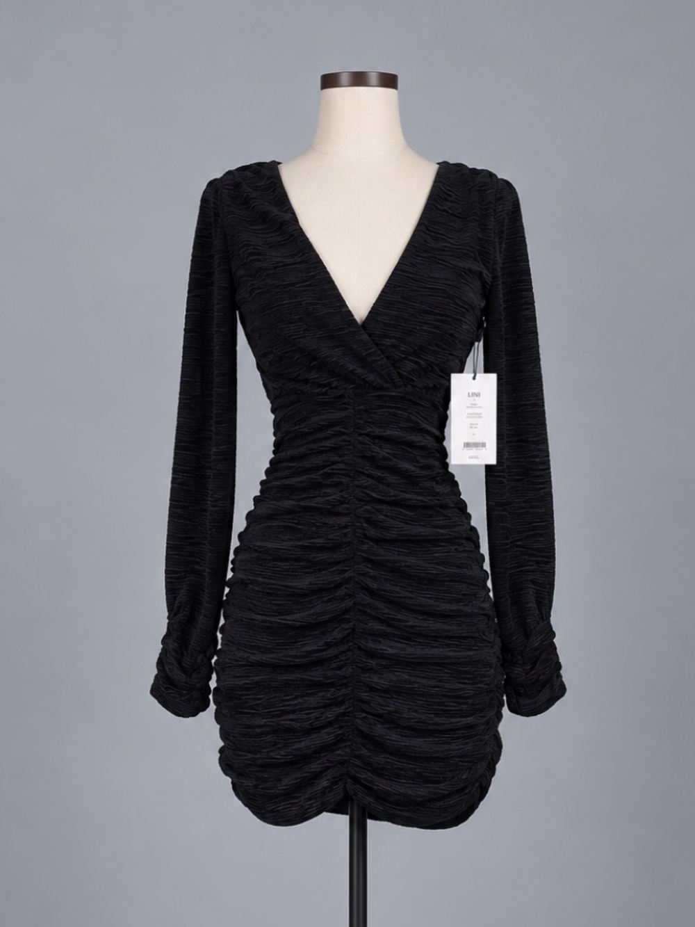 LINI Black Ruched Long Sleeve Mini Dress – Size XS – NWT